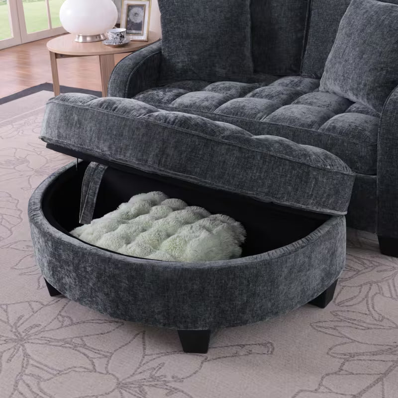Tufted Loveseat with Storage Footrest — footrest lid raised to show storage.