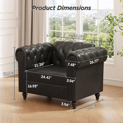 Black faux leather Chesterfield club chair with rolled arms and turned wood feet — dimension diagram