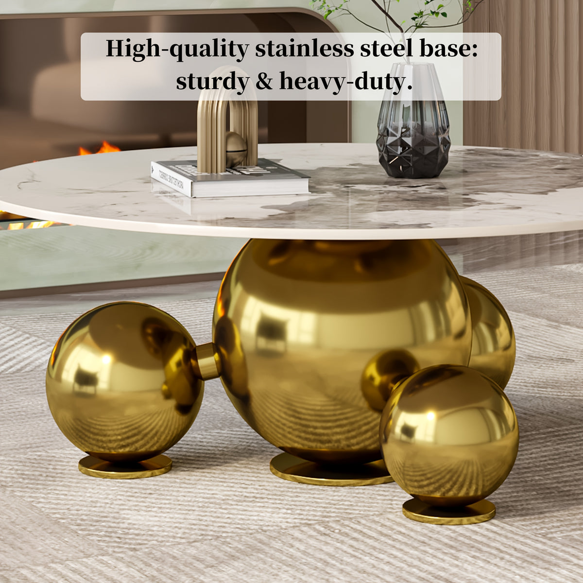 Annotated close-up of the reflective gold-tone spherical base