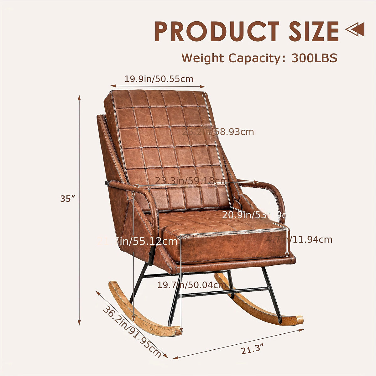 Brown high back grid stitched rocking chair with wood runners and a black metal support frame