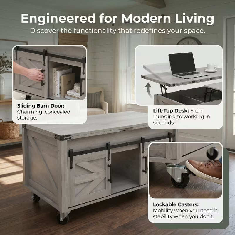 Supplier collage of gray barn-door table features