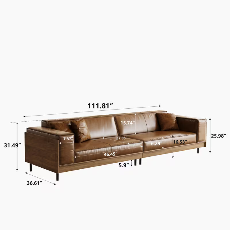 Dimension diagram of the long brown four-seat sofa