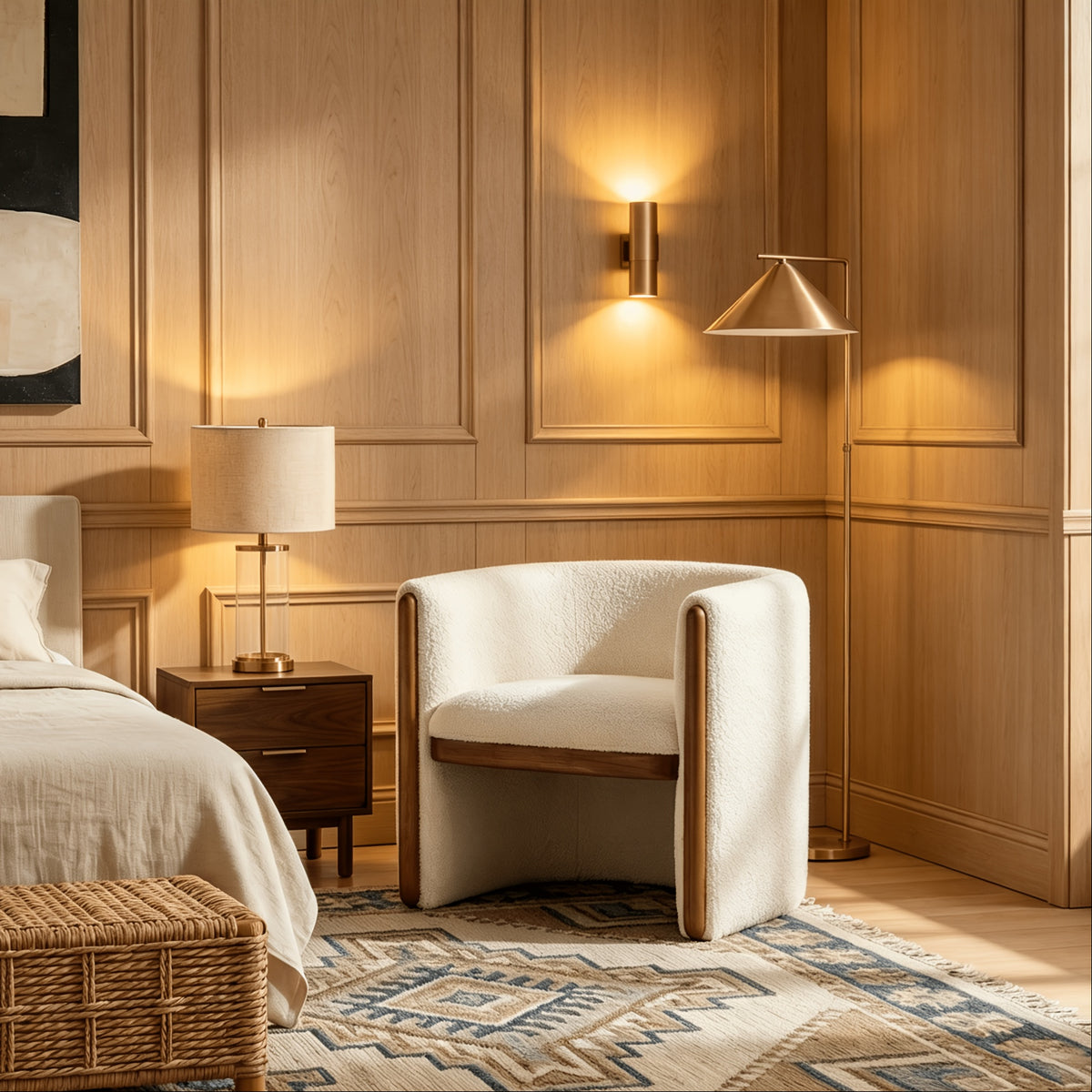 Textured Barrel Chair with Wood Trim — beige chair in a bedroom corner