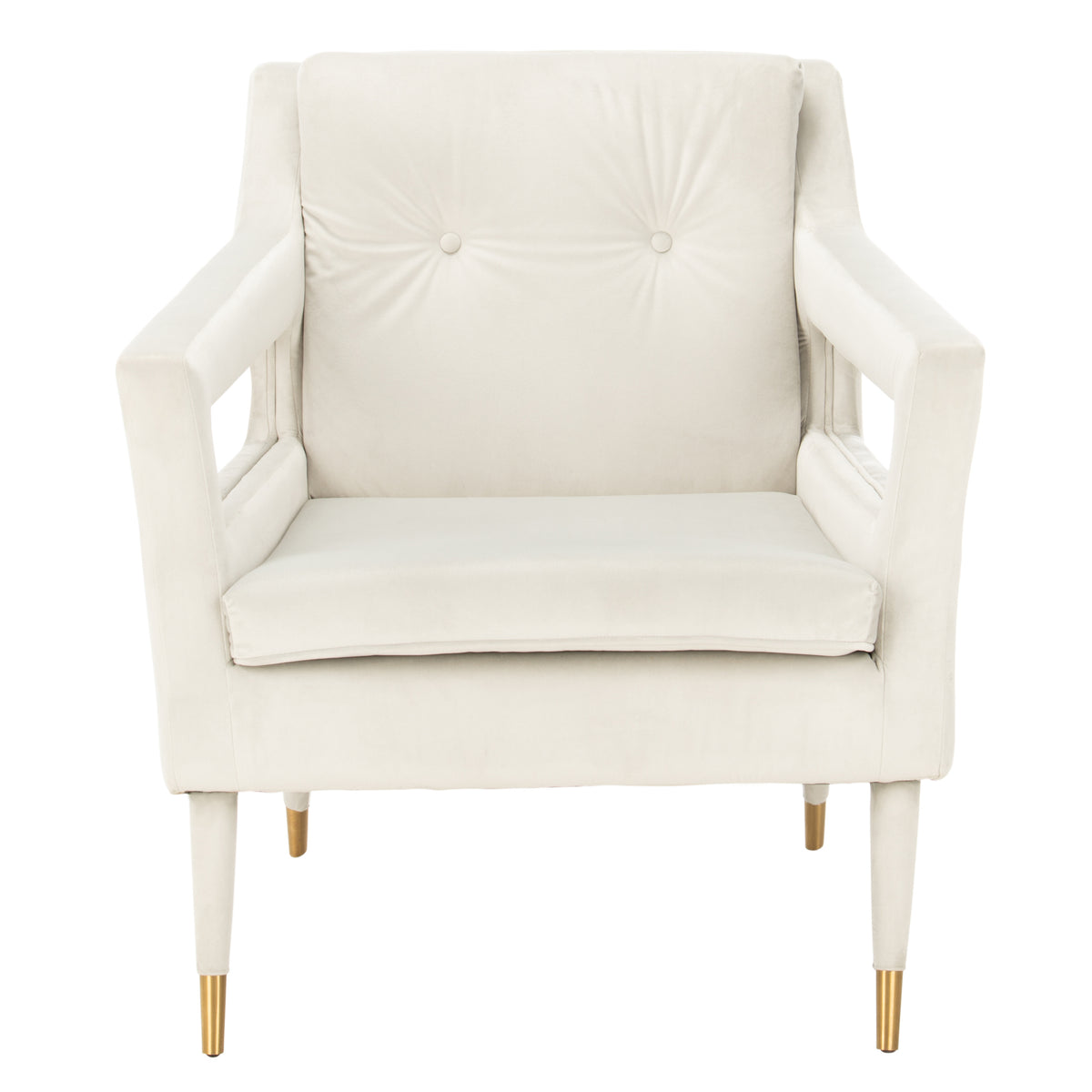 Mara Tufted Accent Chair with Gold-Tone Leg Caps — front view of the pale silver chair