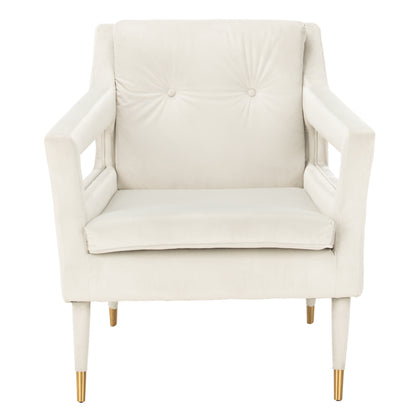 Mara Tufted Accent Chair with Gold-Tone Leg Caps — front view of the pale silver chair