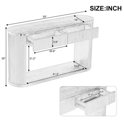 Oval fluted console diagram showing 53-inch width, 14-inch depth, 30-inch height and drawer measurements