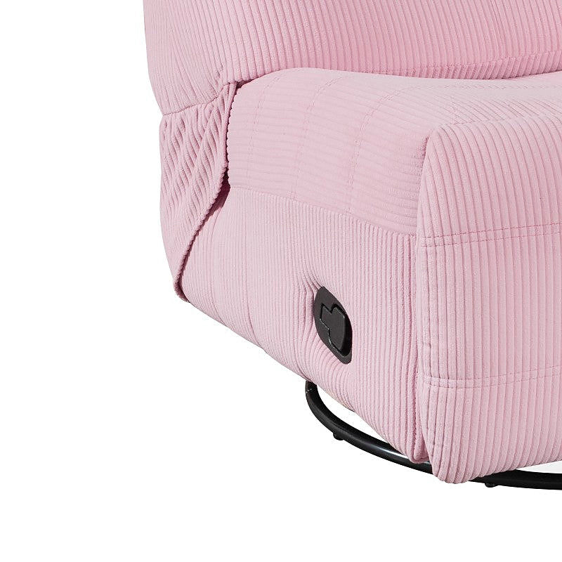 Georgena pink corduroy swivel glider recliner — manual reclining lever detail