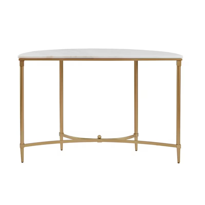 Straight-back view of the Bordeaux console white top and slim gold-tone legs