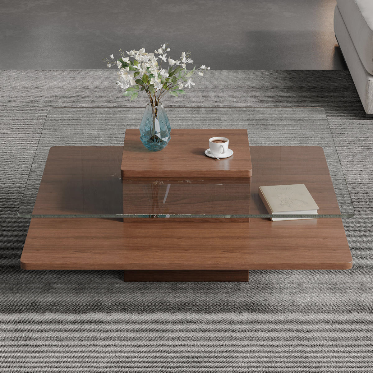 Overhead walnut square coffee table
