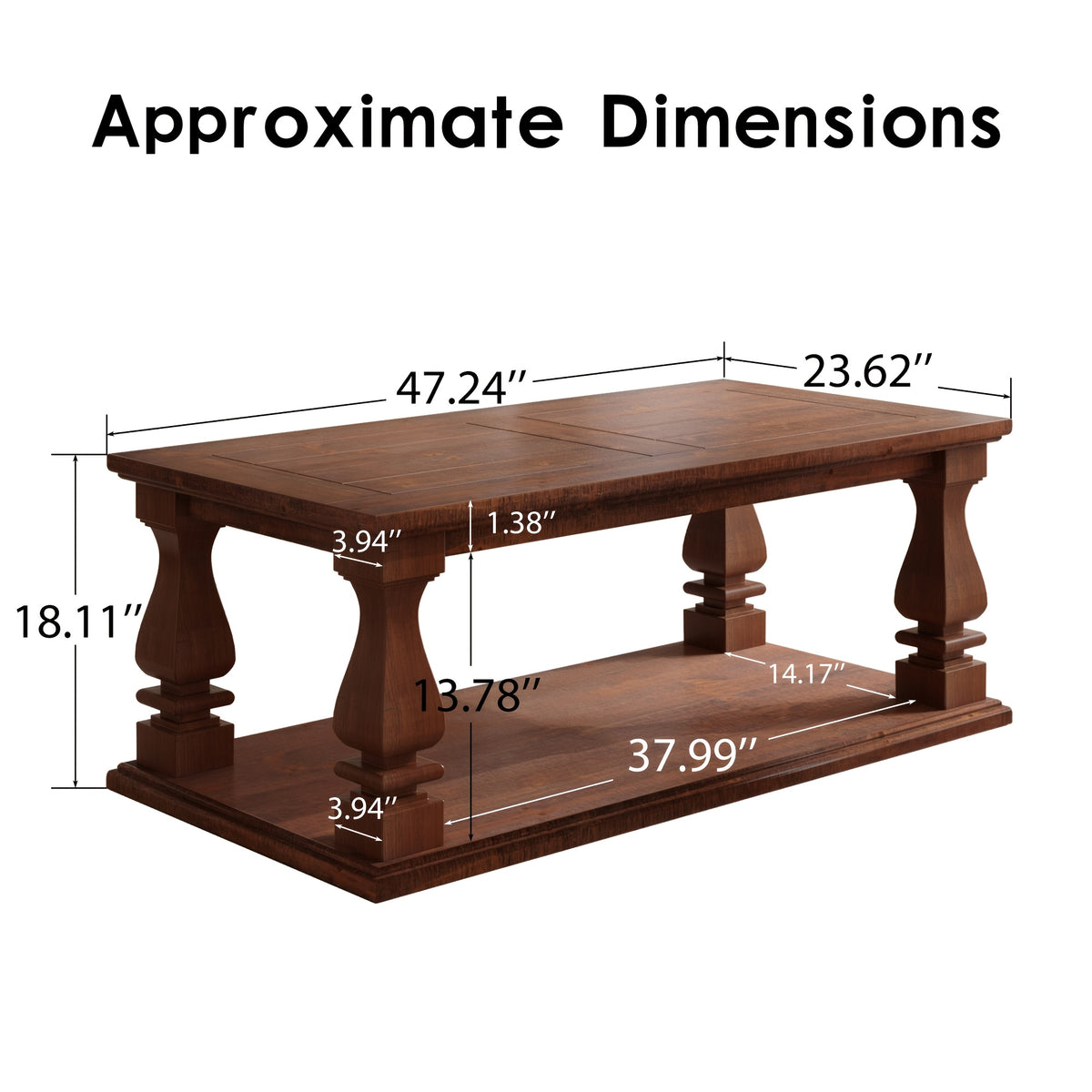 Dimension diagram showing the rectangular coffee table at 47.24 by 23.62 by 18.11 inches
