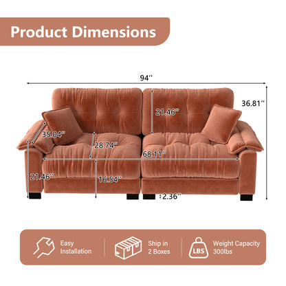 94-Inch Pleated Three-Seat Sofa — overall dimensions diagram