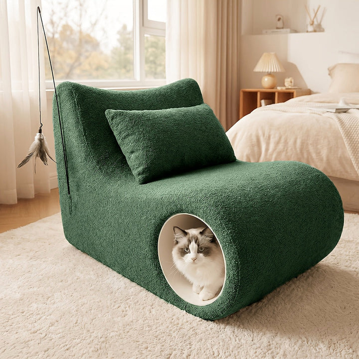 Human and cat bouclé lounge chair in green