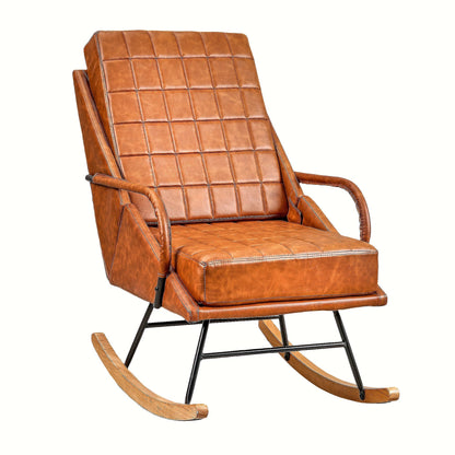 Brown high back grid stitched rocking chair with wood runners and a black metal support frame