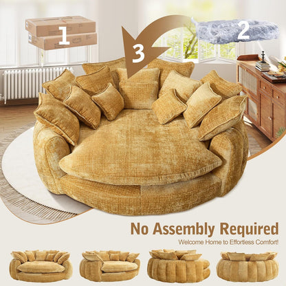 Oversized Round Chenille Lounge Sofa — yellow sofa unpacking and shape recovery.