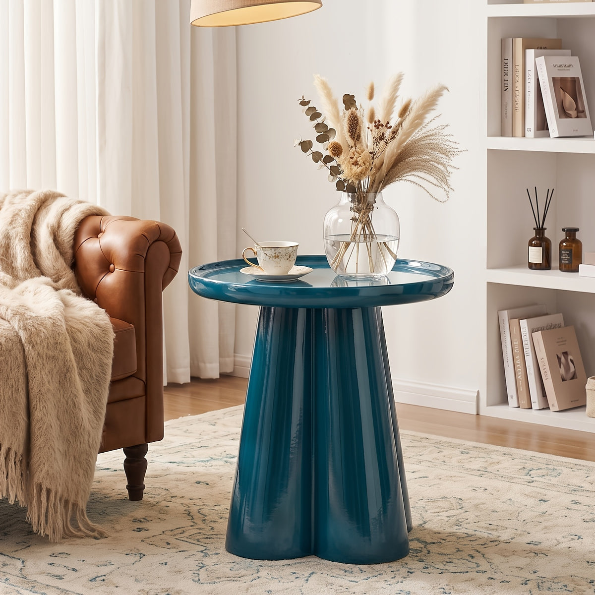 High Glossy End Table, Side Table, Petal Base Tray Top Design, Modern Nightstand, Accent Table, for Small Spaces, with 19" High Base, for Living Room Office Apartment, No Assembly - Blue/Green/Pink