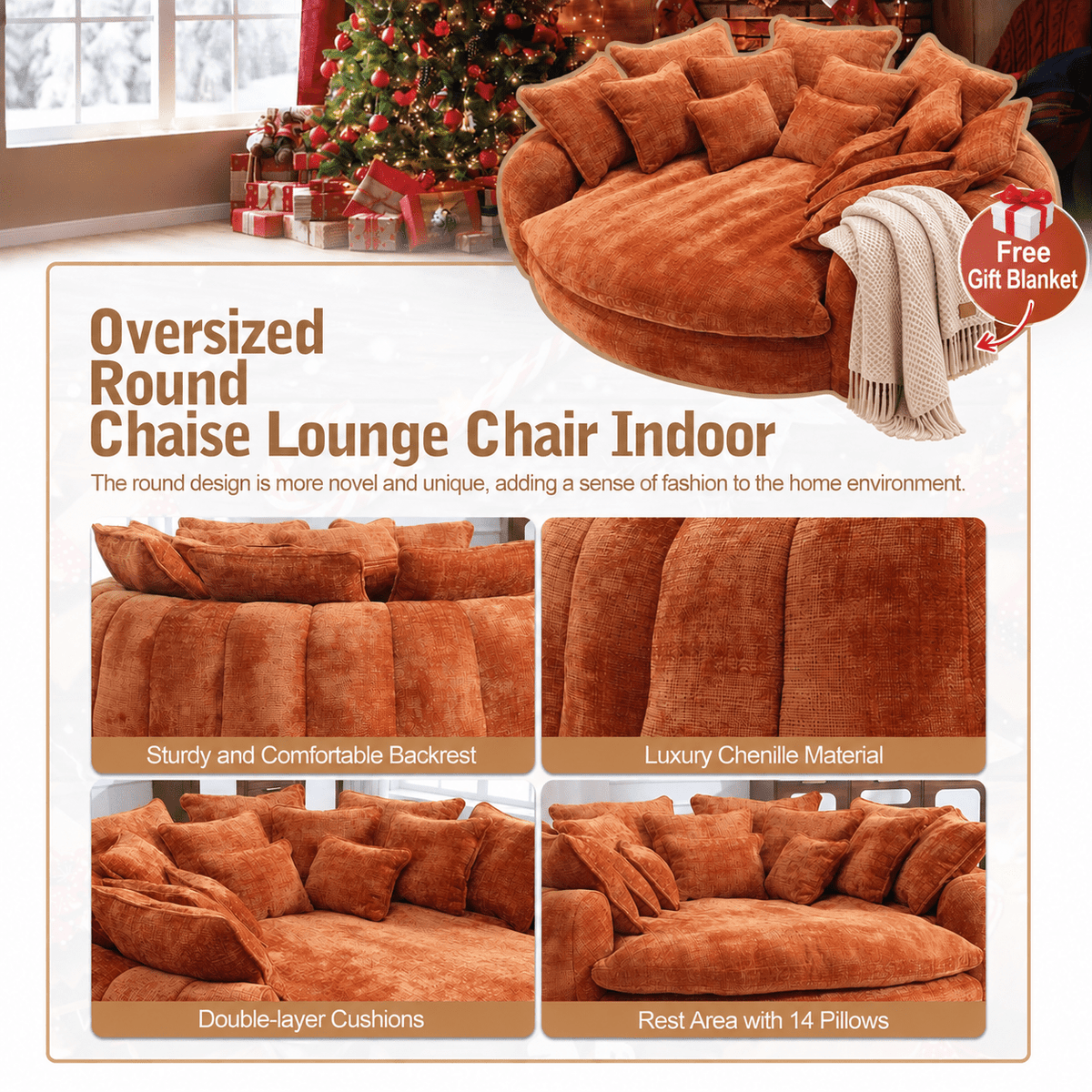 Oversized Round Chenille Lounge Sofa — orange chenille and pillow detail panel.