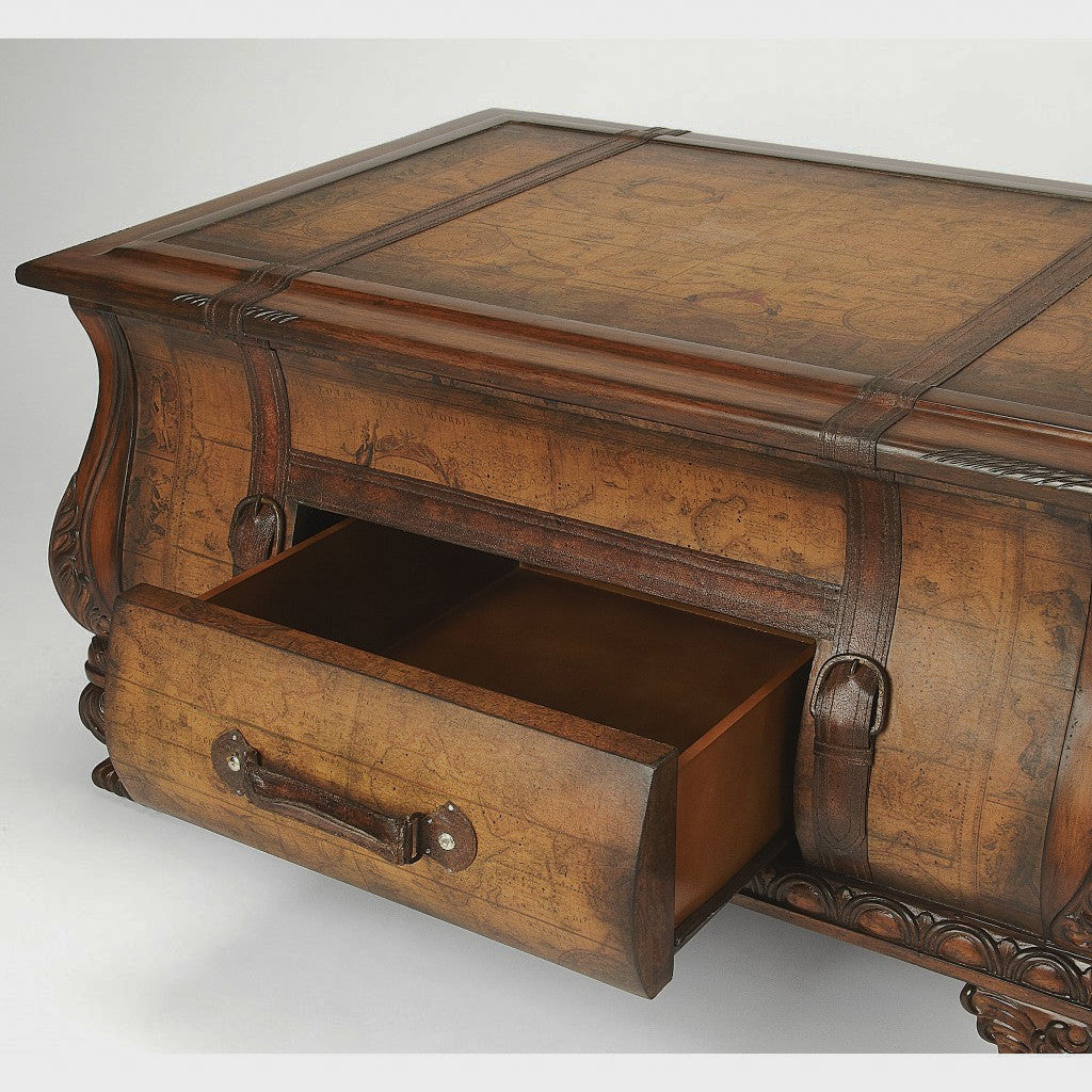 Bombe coffee table with front storage drawer open