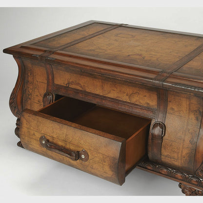 Bombe coffee table with front storage drawer open