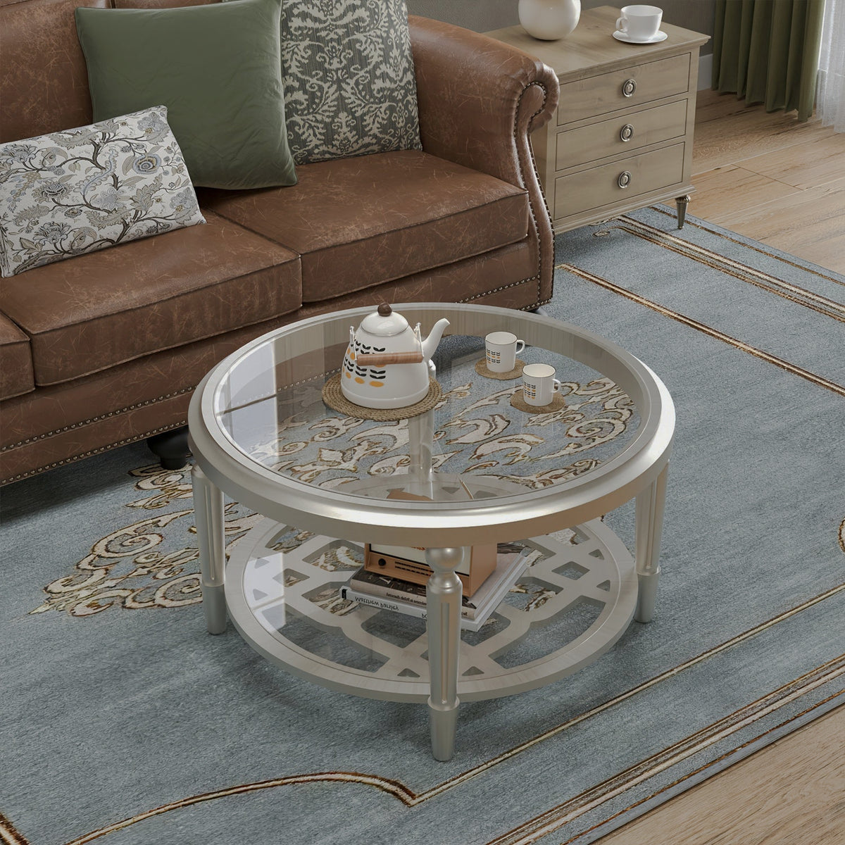 Top view of round glass coffee table beside a brown sofa