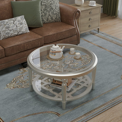 Top view of round glass coffee table beside a brown sofa