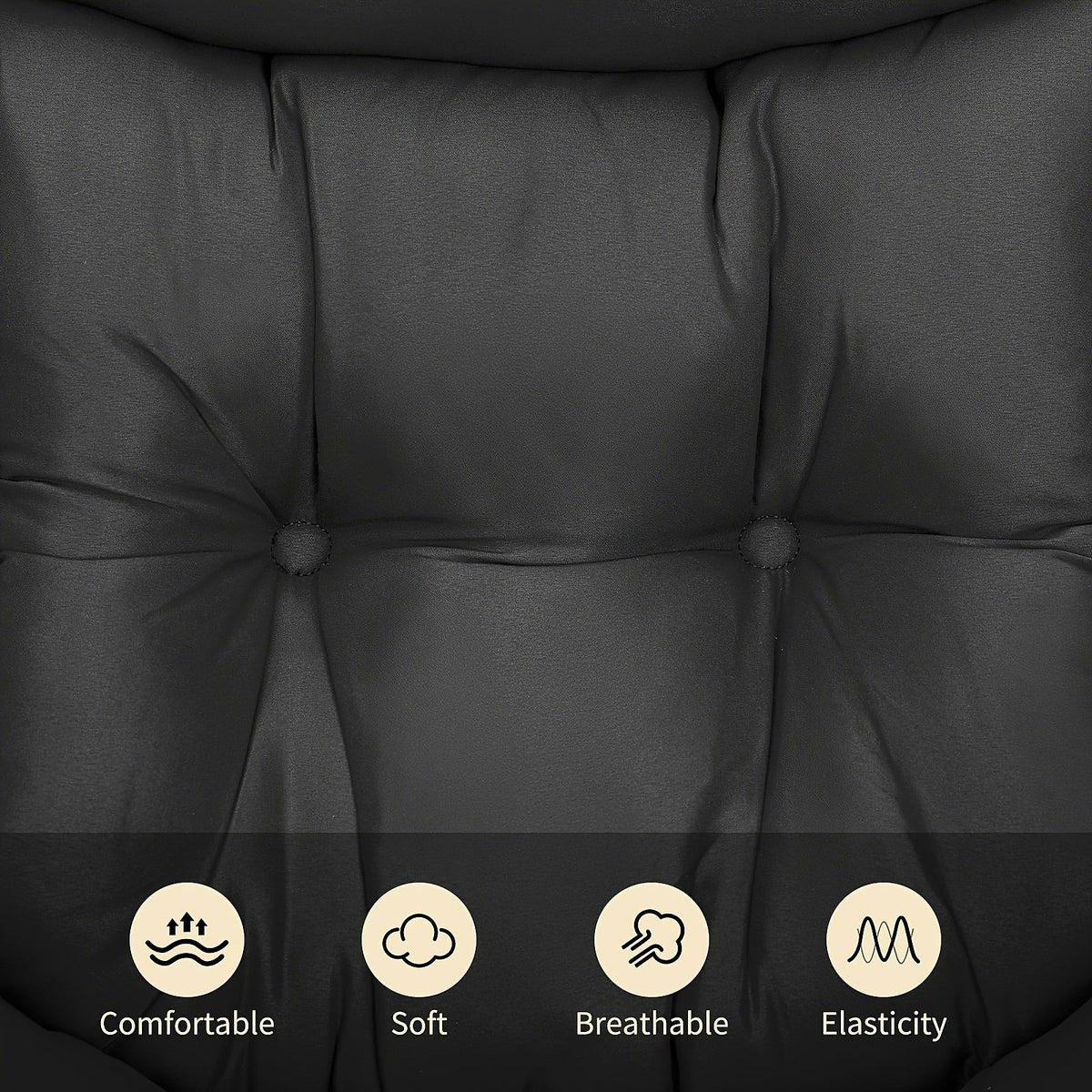 Black cushioned lounge chair and matching footstool with a black metal frame — upholstery close up