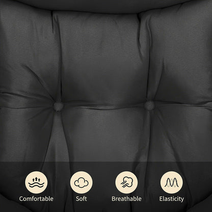 Black cushioned lounge chair and matching footstool with a black metal frame — upholstery close up