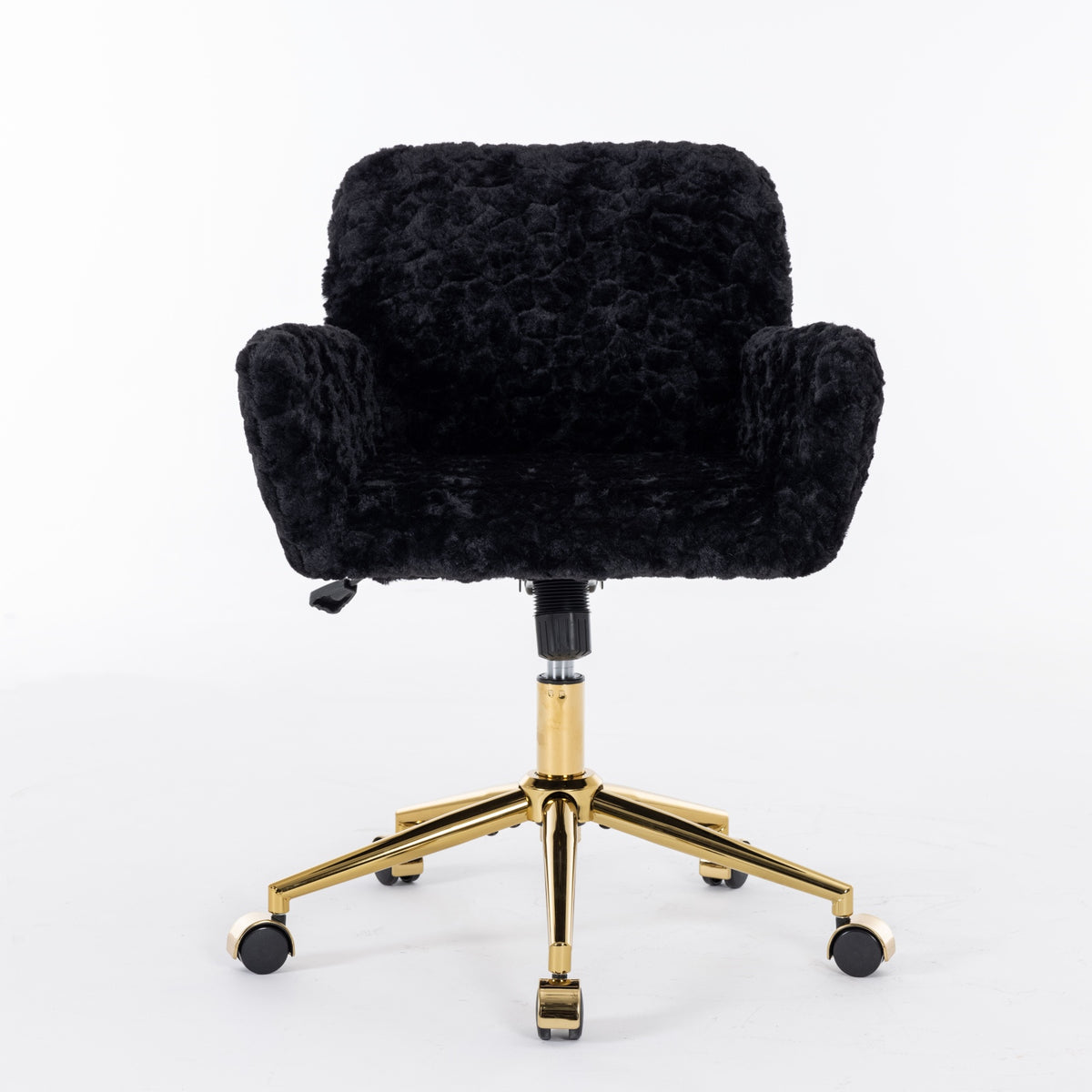 Front view of the black padded swivel chair on a white background
