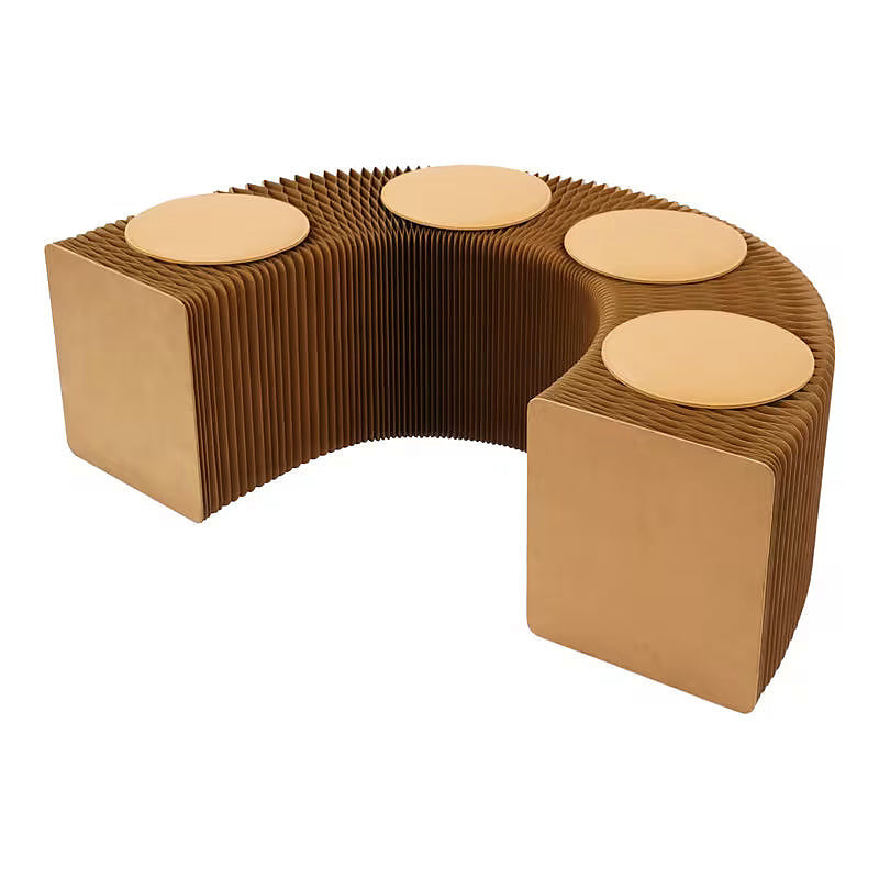 Expandable kraft paper accordion bench with round seat pads — curved configuration