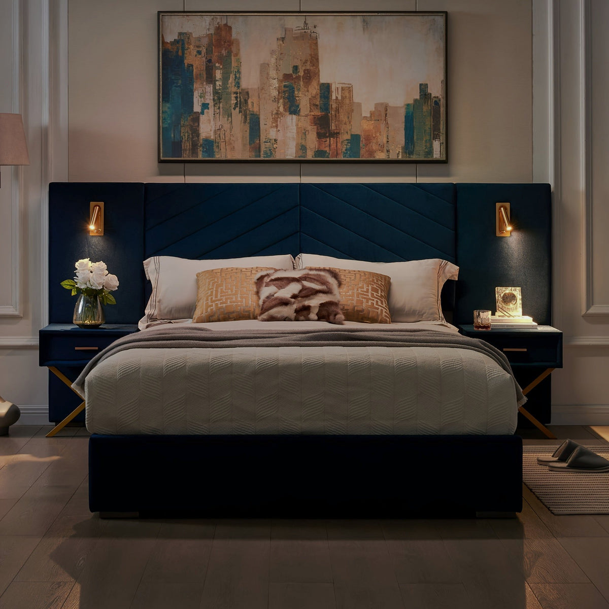 Royal Blue upholstered bed frame with headboard lights and integrated nightstands in a bedroom
