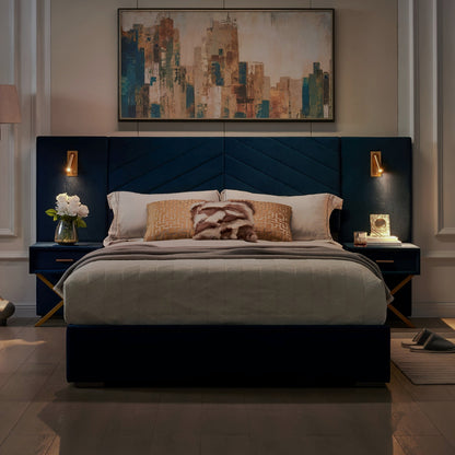 Royal Blue upholstered bed frame with headboard lights and integrated nightstands in a bedroom