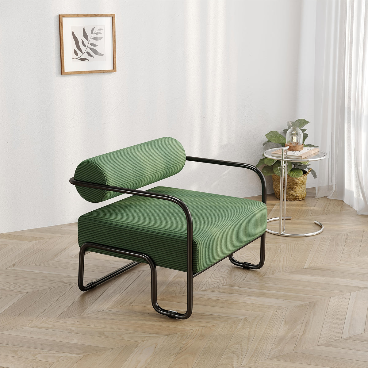 Green Ribbed Lounge Chair with Metal Frame — three-quarter view of the green chair