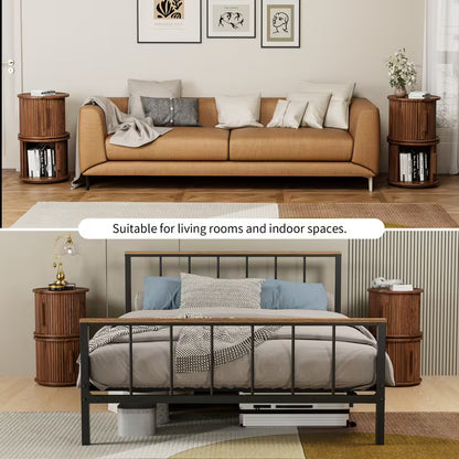 Room-layout graphic showing pairs of brown cylindrical storage tables beside a sofa and bed