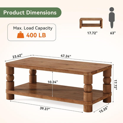 Dimension diagram for 47.24-inch turned-leg wood coffee table