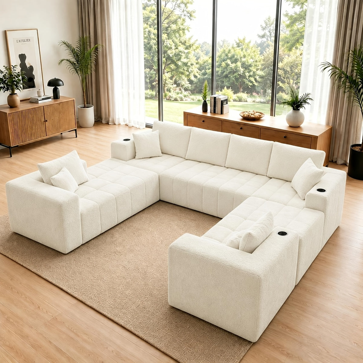 Chenille Modular Sectional with Cup Holders — white U-shaped sectional