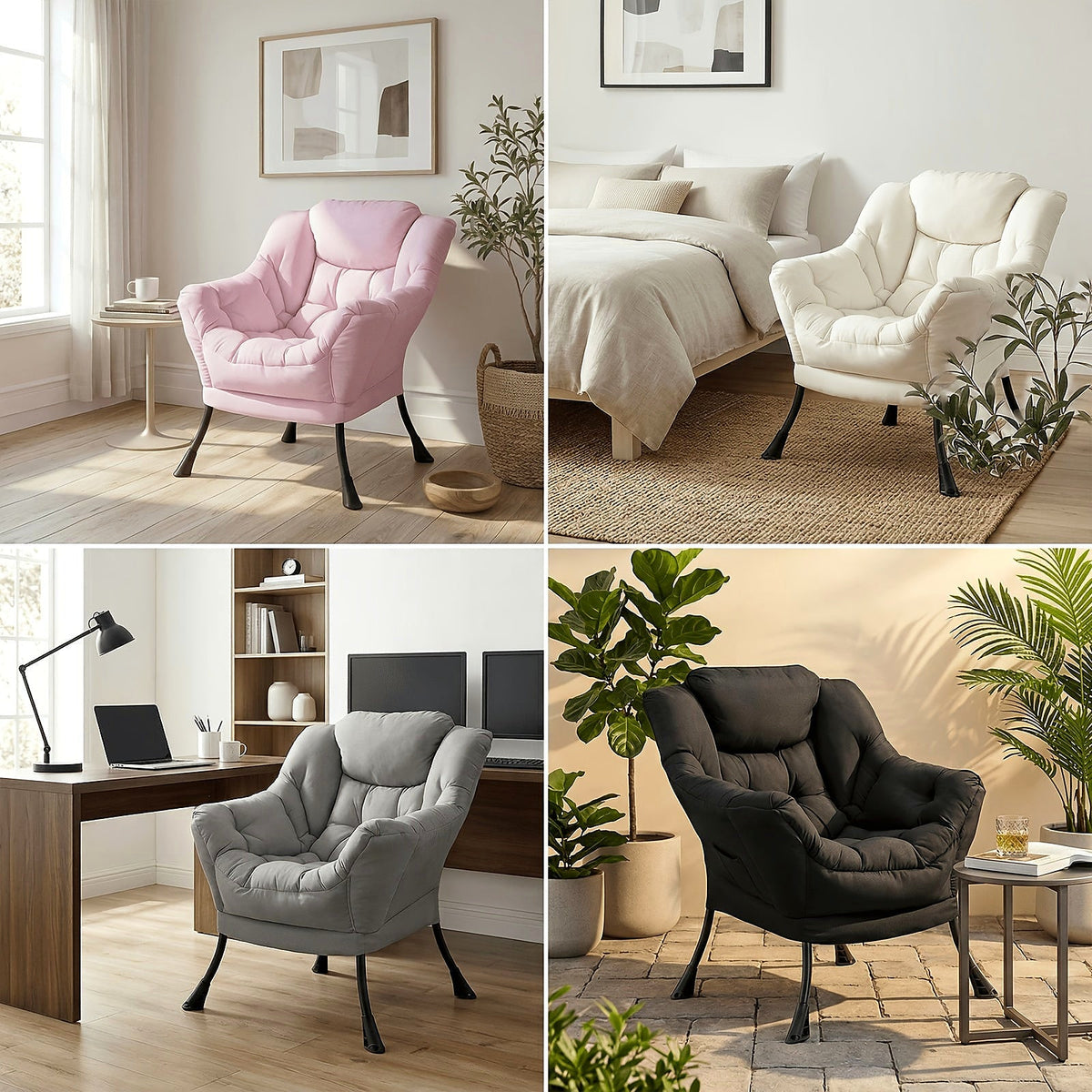 Cushioned lounge chair and matching footstool with a black metal frame — upholstery color examples