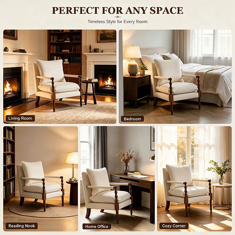 Beige upholstered accent chair with turned wood front posts