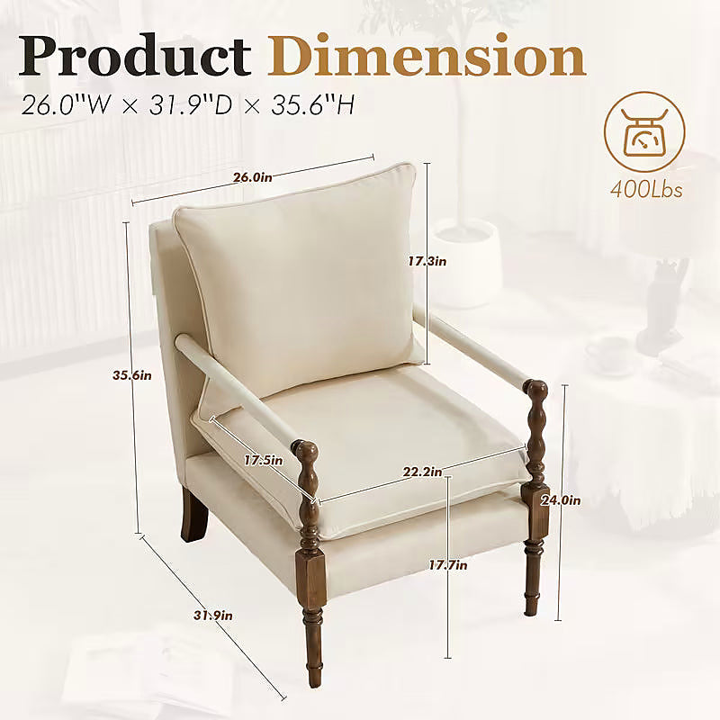 Beige upholstered accent chair with turned wood front posts — dimension diagram