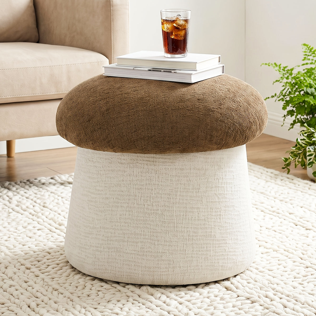 Brown and Cream Chenille Mushroom Storage Ottoman — brown and Cream mushroom ottoman beside a sofa