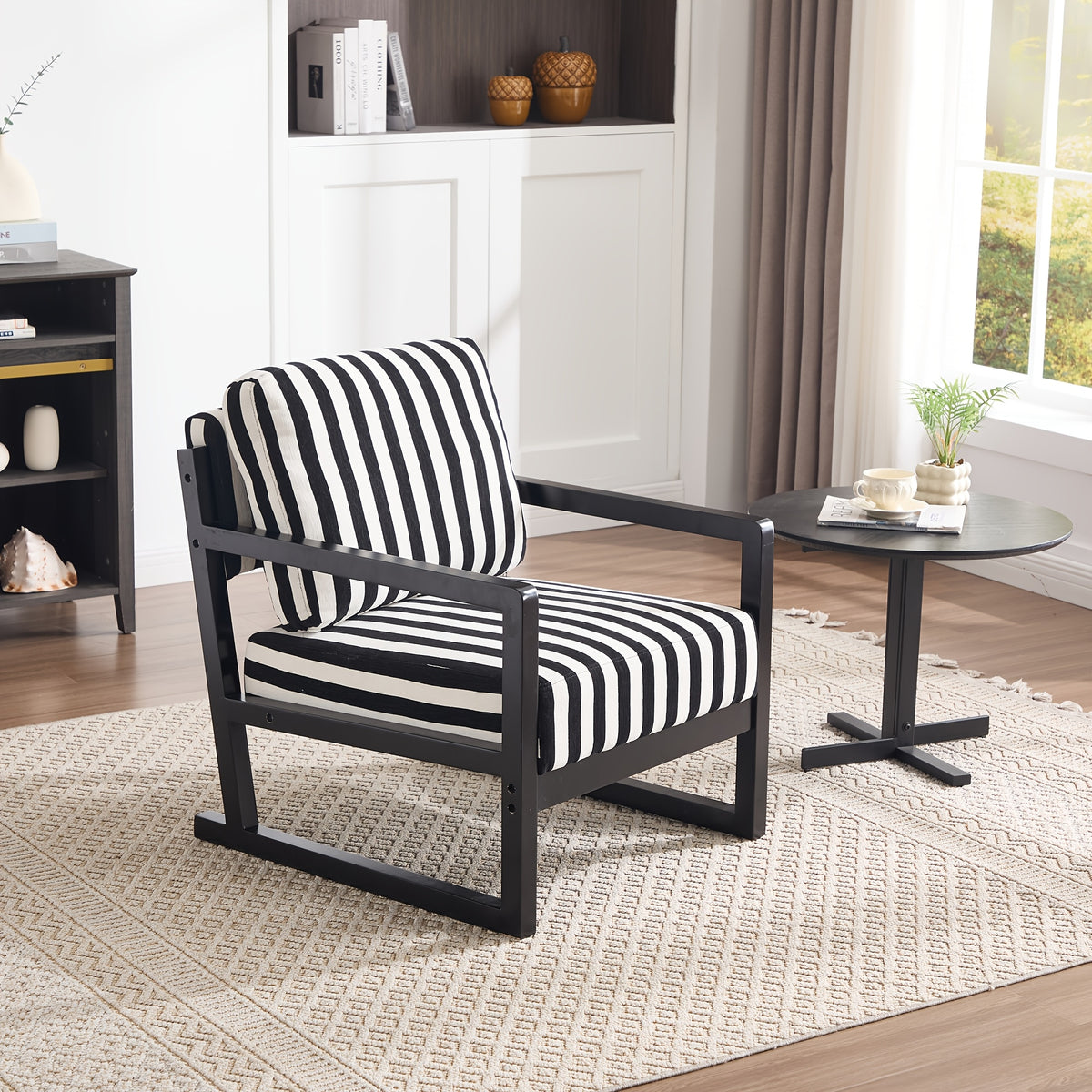 Black and White Striped Wood-Frame Lounge Chair — black and white striped chair with a black wood frame