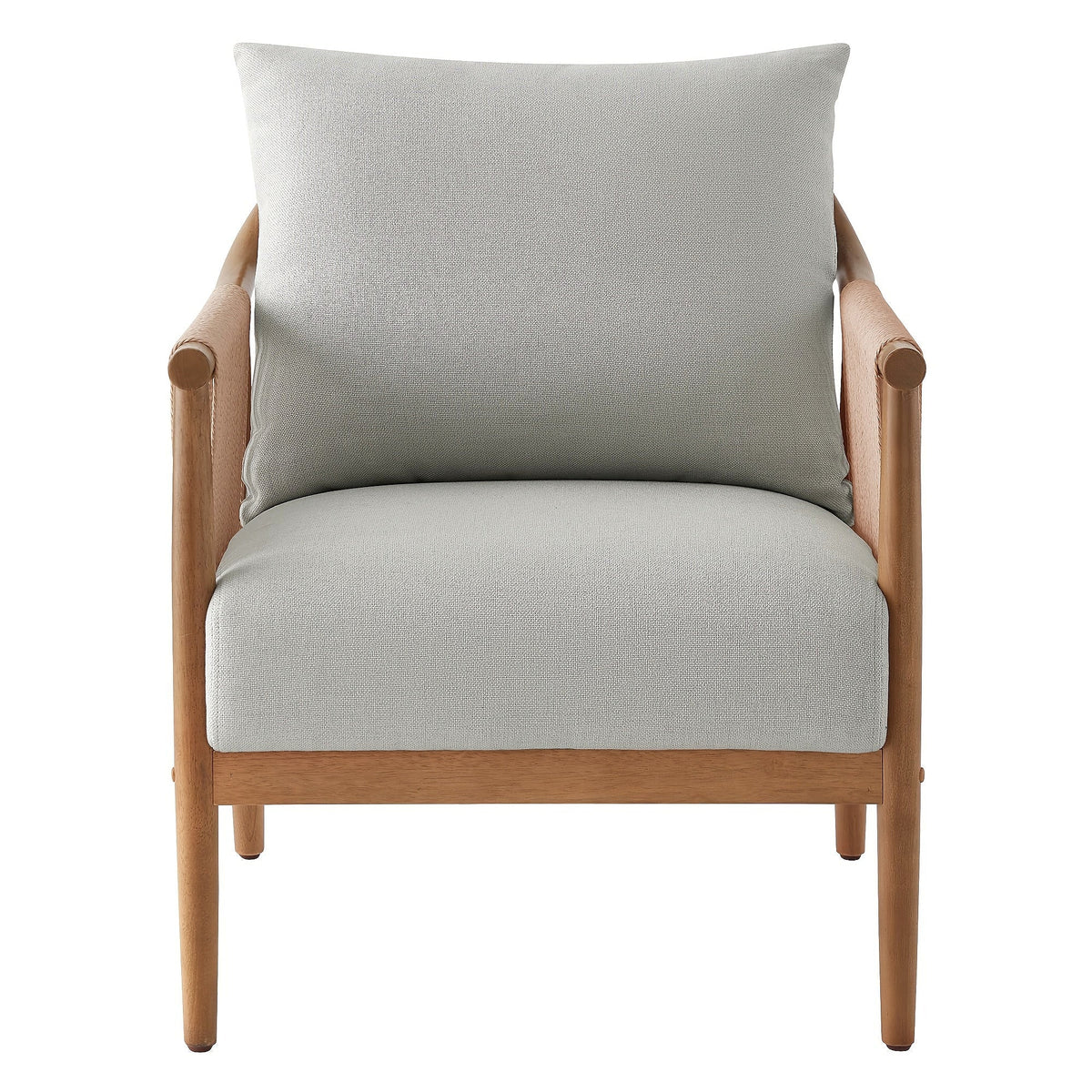 Wood frame accent chair with braided paper cord sides and a light gray cushion
