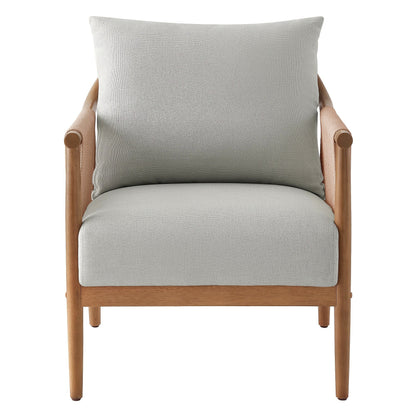 Wood frame accent chair with braided paper cord sides and a light gray cushion