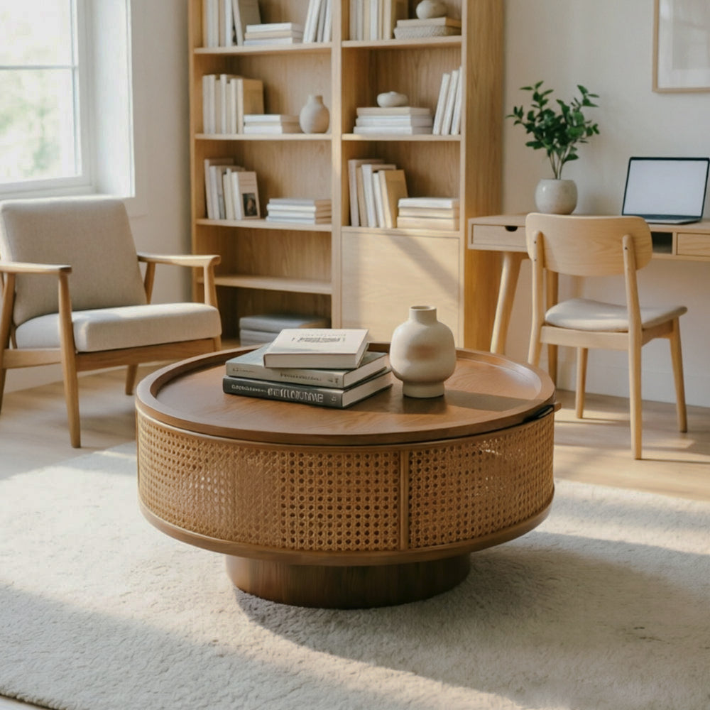 Walnut-brown round rattan coffee table on a pedestal base