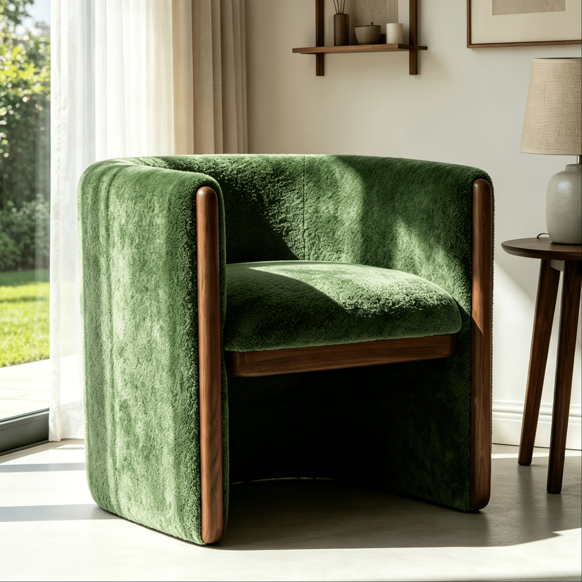 Textured Barrel Chair with Wood Trim — green front three-quarter view by a window