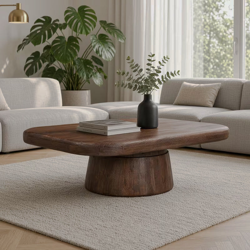 Brown pedestal coffee table styled with books and a vase in a bright living room