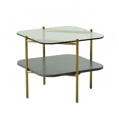 20" Gold And Clear Glass And Metal Square End Table With Shelf - Gold