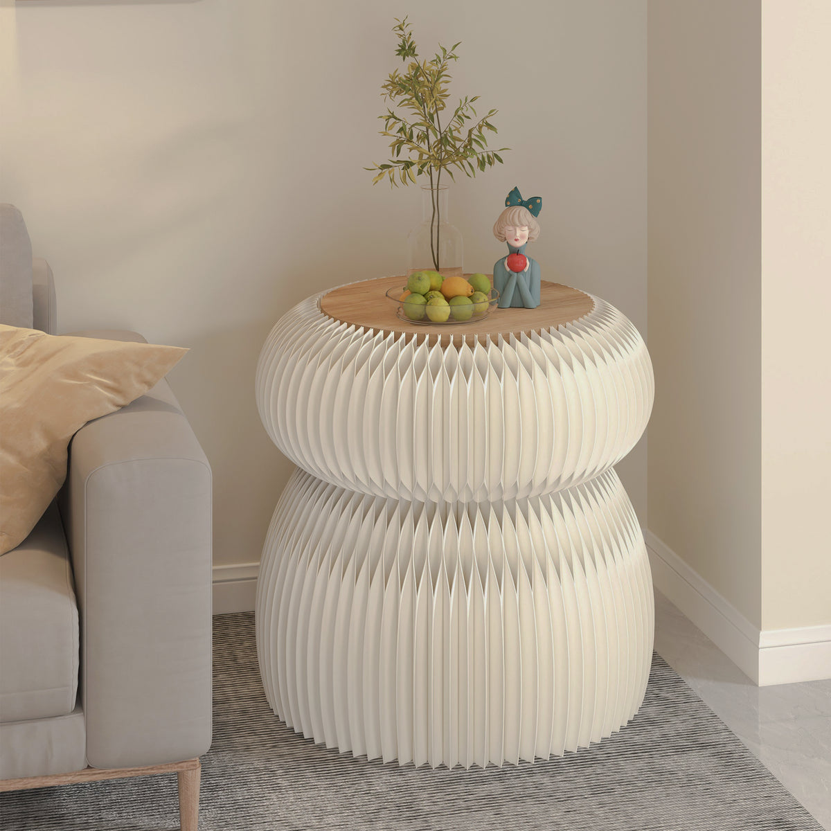 White pleated kraft-paper side table with brown round top