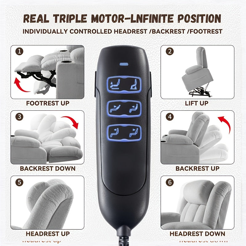 Handheld control and illustrations of footrest, lift, back and headrest positions
