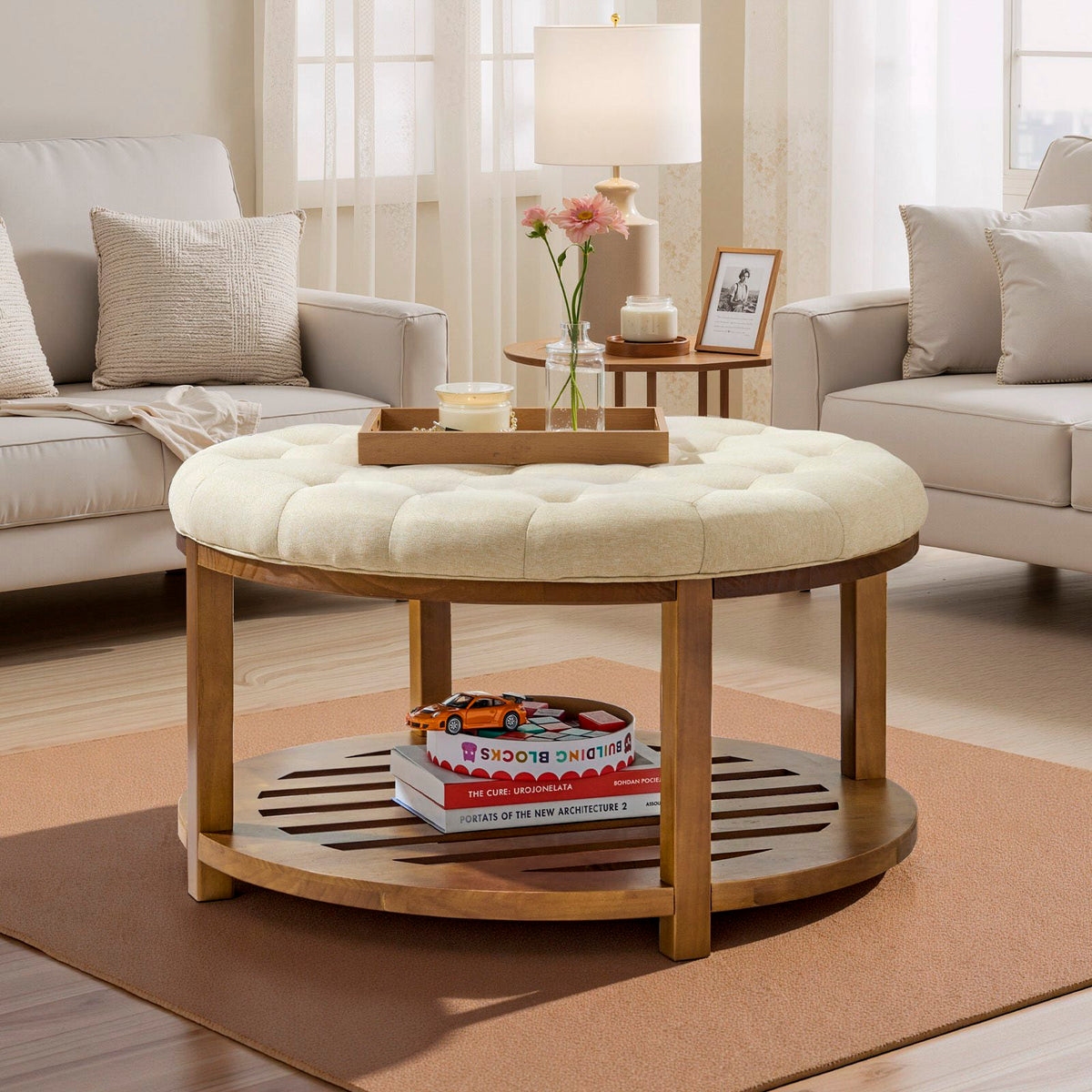 Round ivory tufted ottoman coffee table with wood shelf in living room