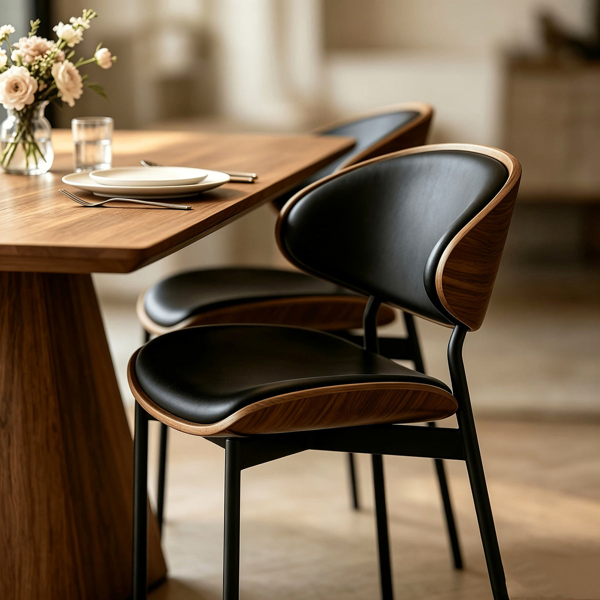 Black bentwood faux leather dining chair with black metal legs