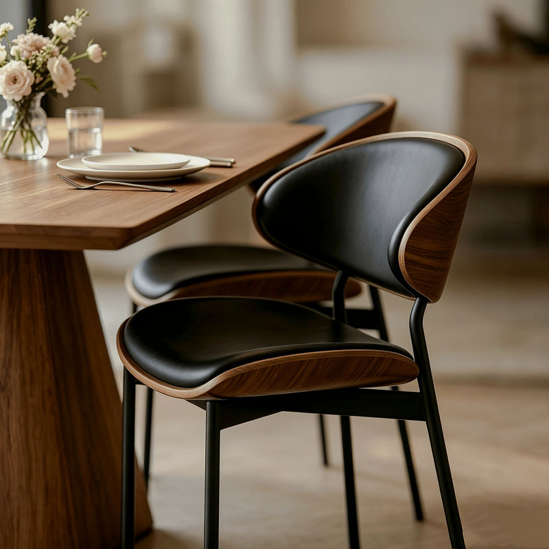 Black bentwood faux leather dining chair with black metal legs